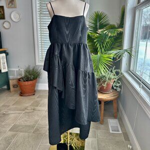 NWT Kate Spade Black Spaghetti Strap Asymmetrical Tiered Ruffle Midi Dress Sz L